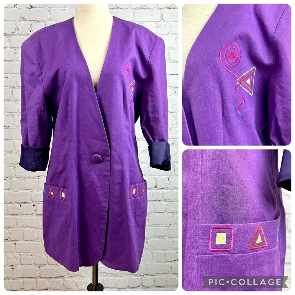 Vintage 90s Althuser Grape/Violet Geometric Shape Embroidered Funky Blazer M